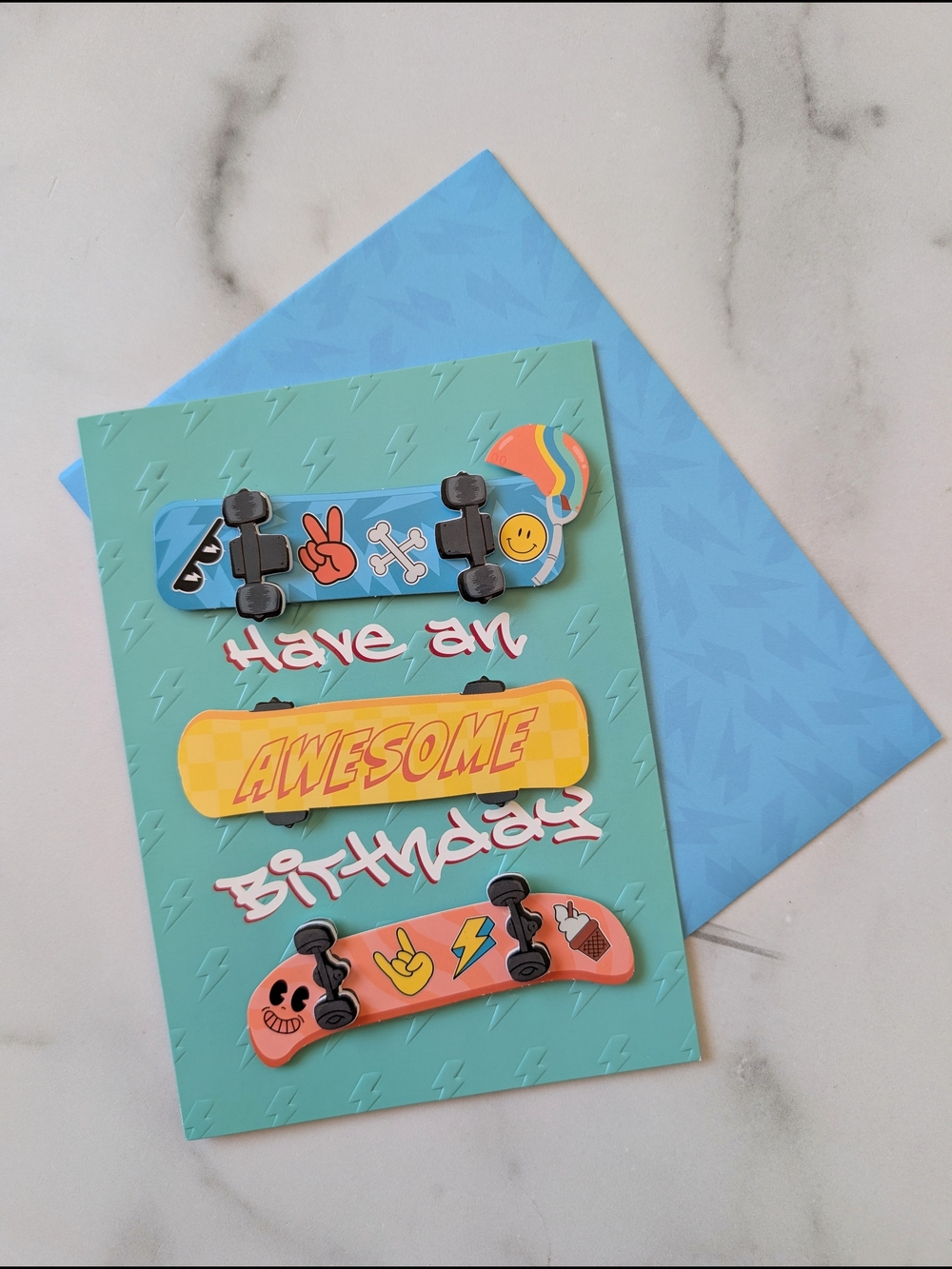 Birthday Card with Colorful Skateboard Graphics - Blue, Teal, Yellow, Coral
